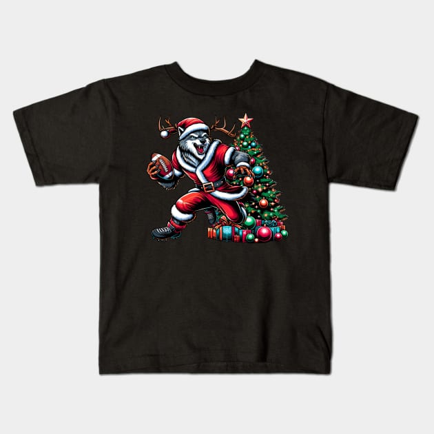 Funny Santa Wolf Play Football, Christmas Tree Kids T-Shirt by Origami Fashion